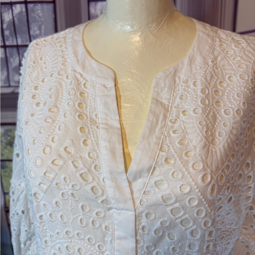 Chico’s White Eyelet Tiered V Neck Dress 12 Cottagecore Cotton Summer Spring - Picture 4 of 17